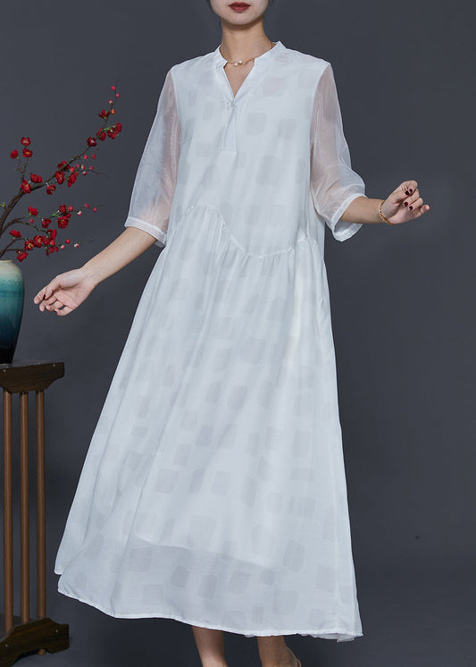 White V Neck Draping Silk Long Dresses Half Sleeve