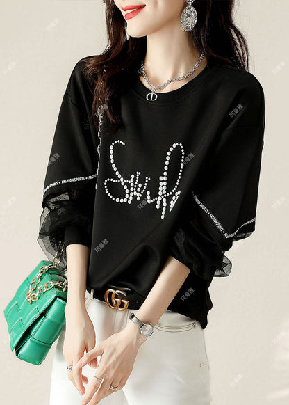 Black Tulle Print Cotton Loose Sweatshirt Spring