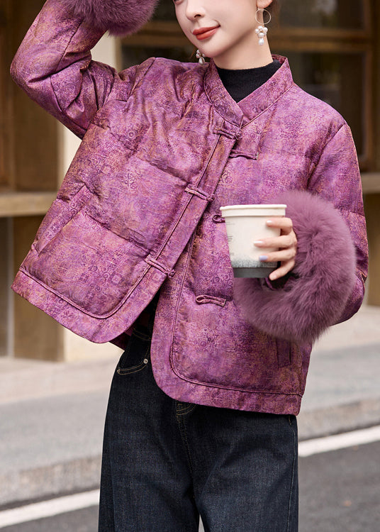 Purple Jacquard Patchwork Fox Fur Duck Down Jackets Winter