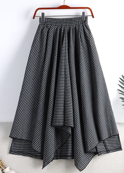 Black Grey Plaid Elastic Waist Cotton a Line Skirt Fall