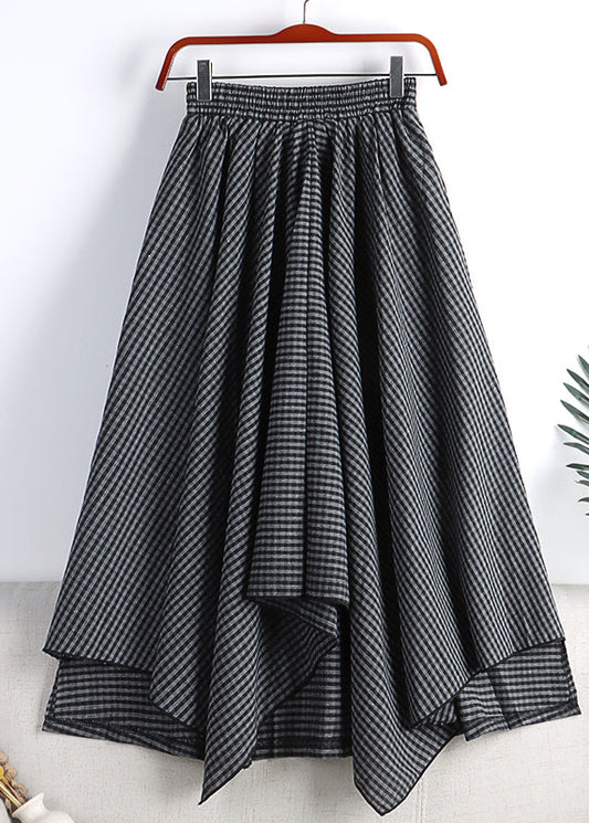 Black Grey Plaid Elastic Waist Cotton a Line Skirt Fall