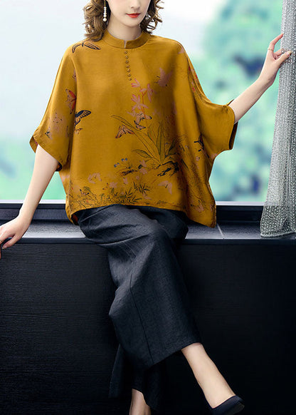 Loose Yellow Stand Collar Print Silk Two Piece Set Clothing Batwing Sleeve