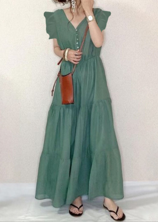 Green V Neck Patchwork Wrinkled Cotton Dresses Summer