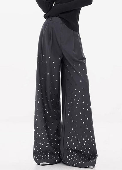 Stylish Dark Gray Zircon High Waist Spandex Wide Leg Pants Fall