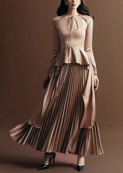 Novelty Khaki Wrinkled Lace Up Silk Long Dress Fall