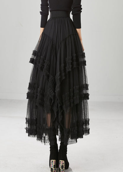 French Black Elastic Waist Ruffled Tulle a Line Skirt Fall