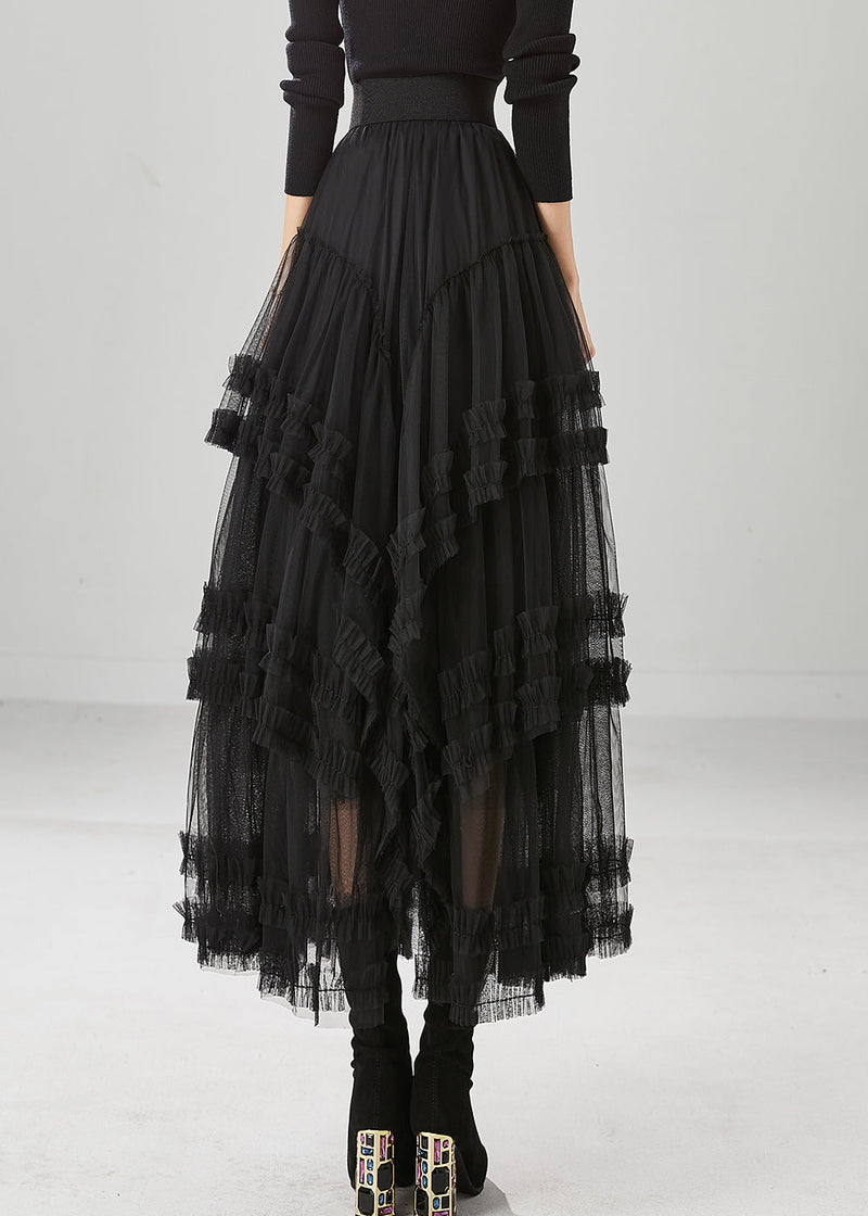 French Black Elastic Waist Ruffled Tulle a Line Skirt Fall