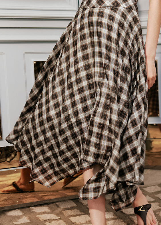 Natural Coffee Plaid Asymmetrical High Waist Silk Cotton a Line Skirts Summer