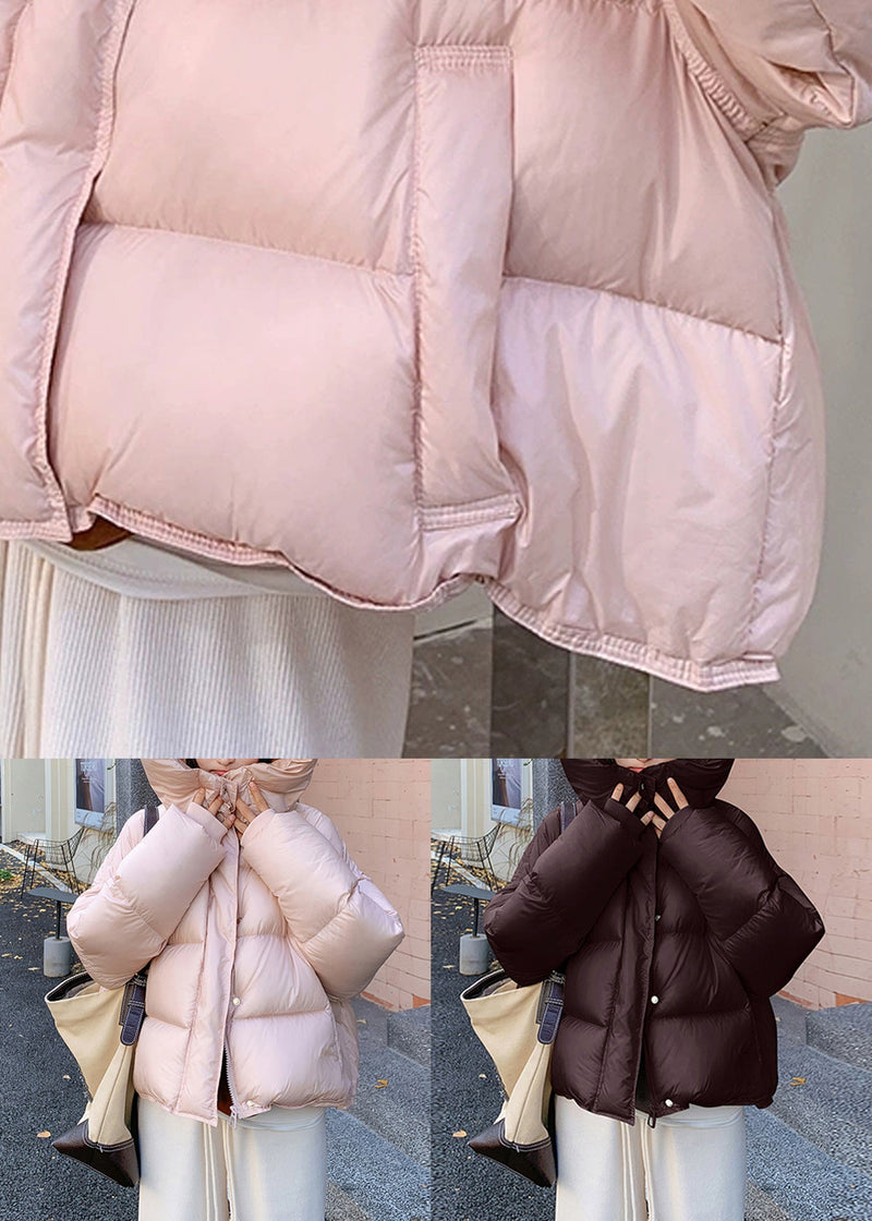 Pink Hooded Zippered Pockets Duck Down Down Coat Winter