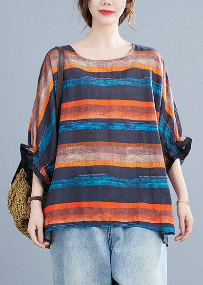 Orange Bat Wing Sleeve O-neck Asymmetrical Design Fall Striped Top