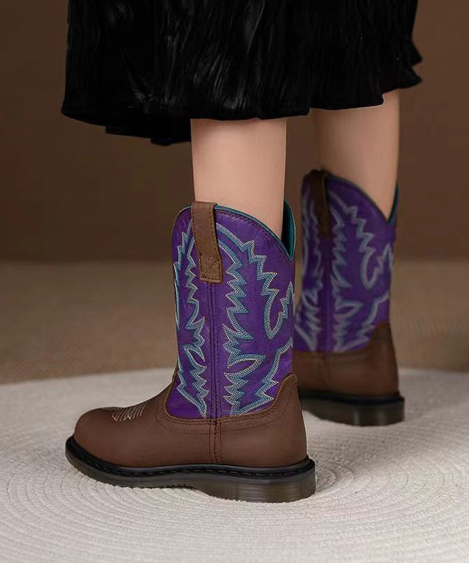 Purple Cowhide Leather Embroideried Splicing Boots