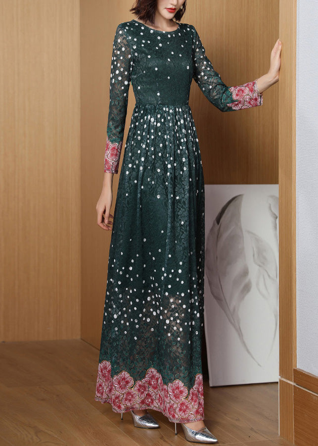 Novelty Green O-neck Print Lace Patchwork Tunic Maxi Dress Long Sleeve