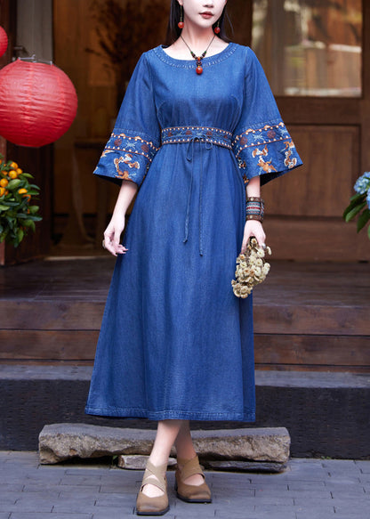 Denim Navy Patchwork Tie Waist Maxi Dress Flare Sleeve