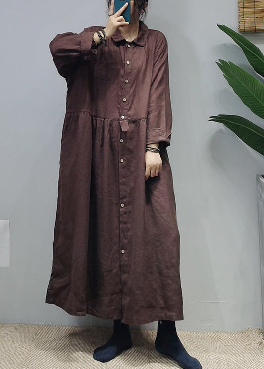Dark Chocolate Linen Long Dress Cinched Extra Large Hem Long Sleeve