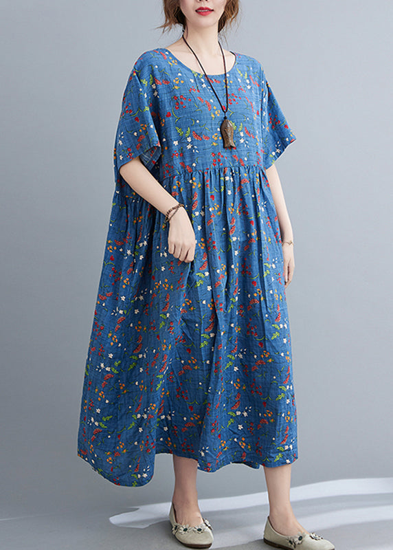 Blue O-neck Wrinkled Maxi Dress Summer