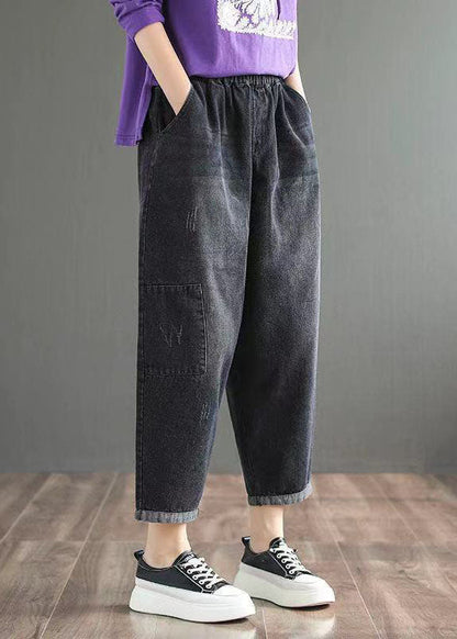 Fine Blue Elastic Waist Pockets Harem Fall Denim Pants