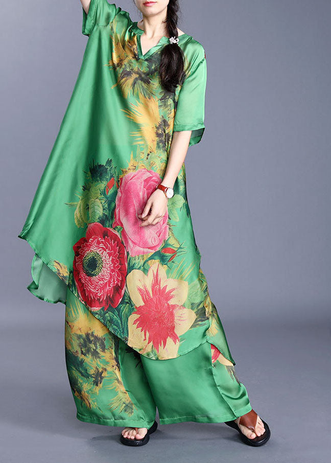 Green V Neck Print Silk Two-piece Set Short Sleeve
