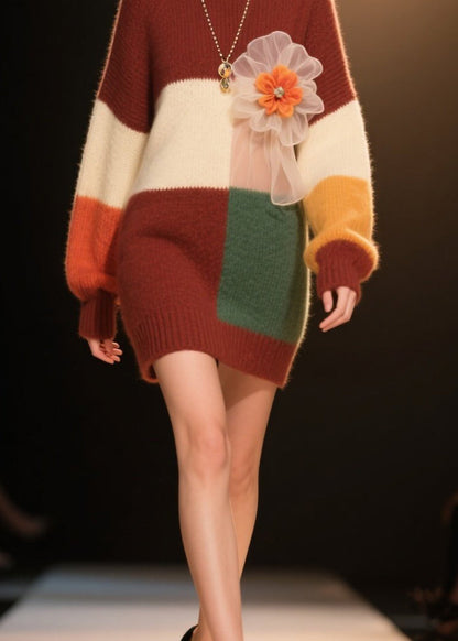 Colorblock O Neck Knit Dress Winter