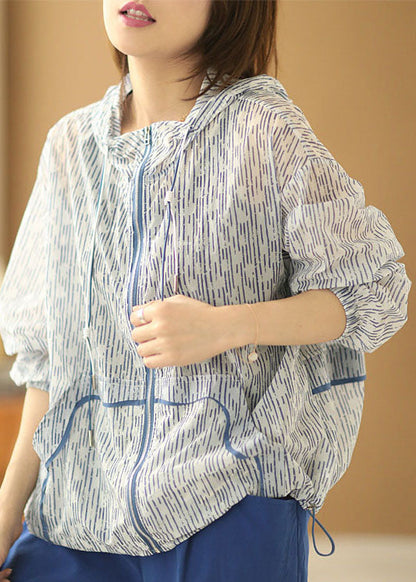 Blue Striped Zippered Drawstring Hooded Pockets Upf 50+ Coat Jacket Summer