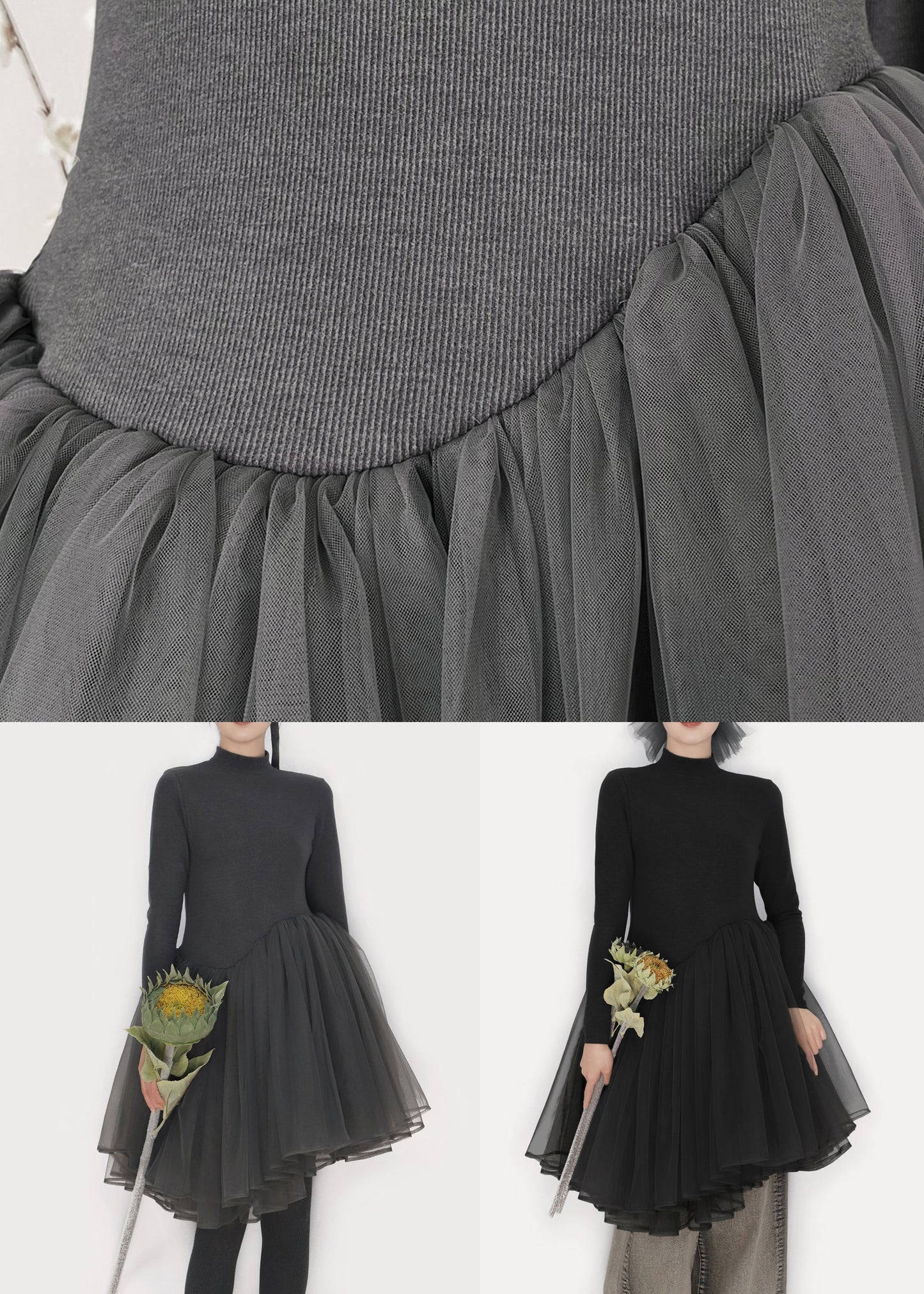 Slim Fit Smoky Gray Asymmetrical Tulle Patchwork Mini Dress Winter