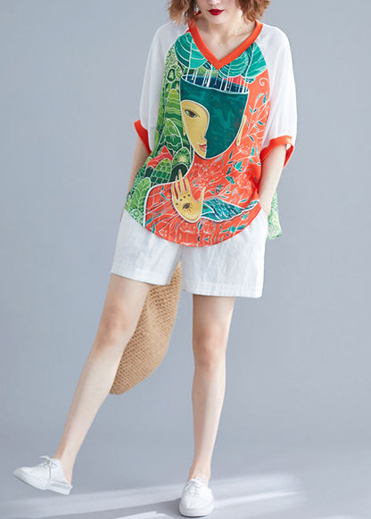 White V Neck Patchwork Character Print Two Piece Suit Set Summer
