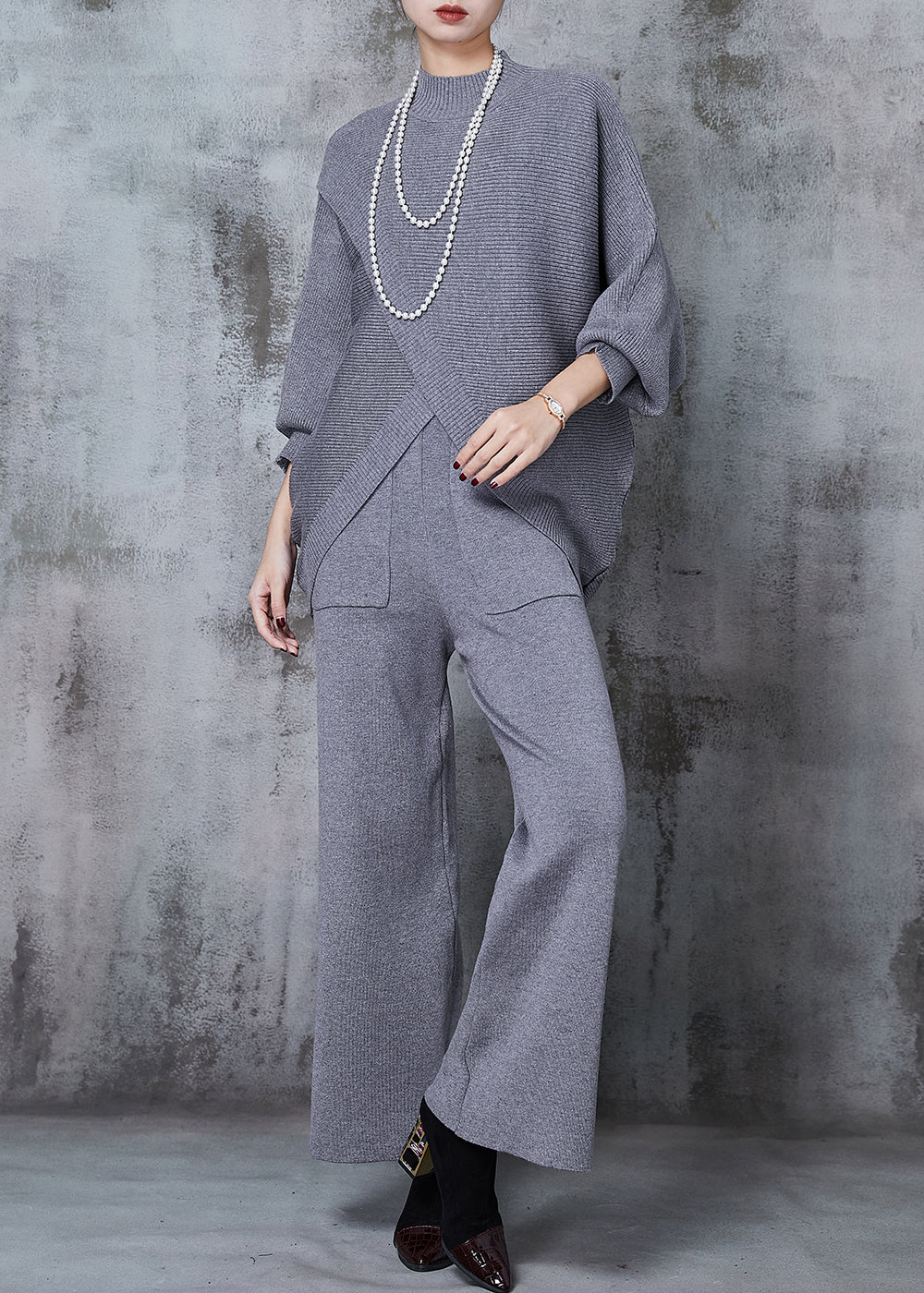 Grey Asymmetrical Design Knit Two Pieces Set Batwing Sleeve Winter
