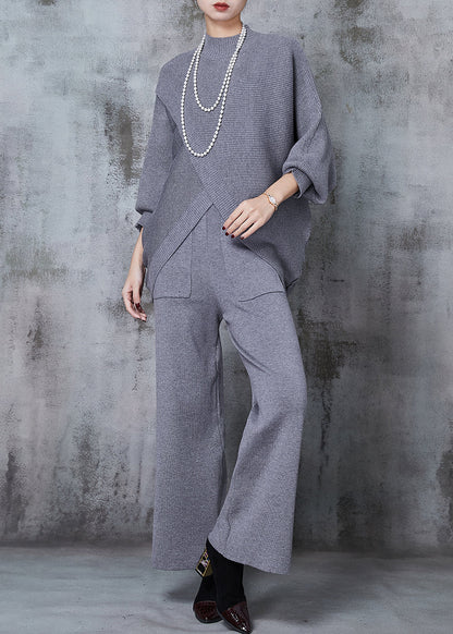 Grey Asymmetrical Design Knit Two Pieces Set Batwing Sleeve Winter