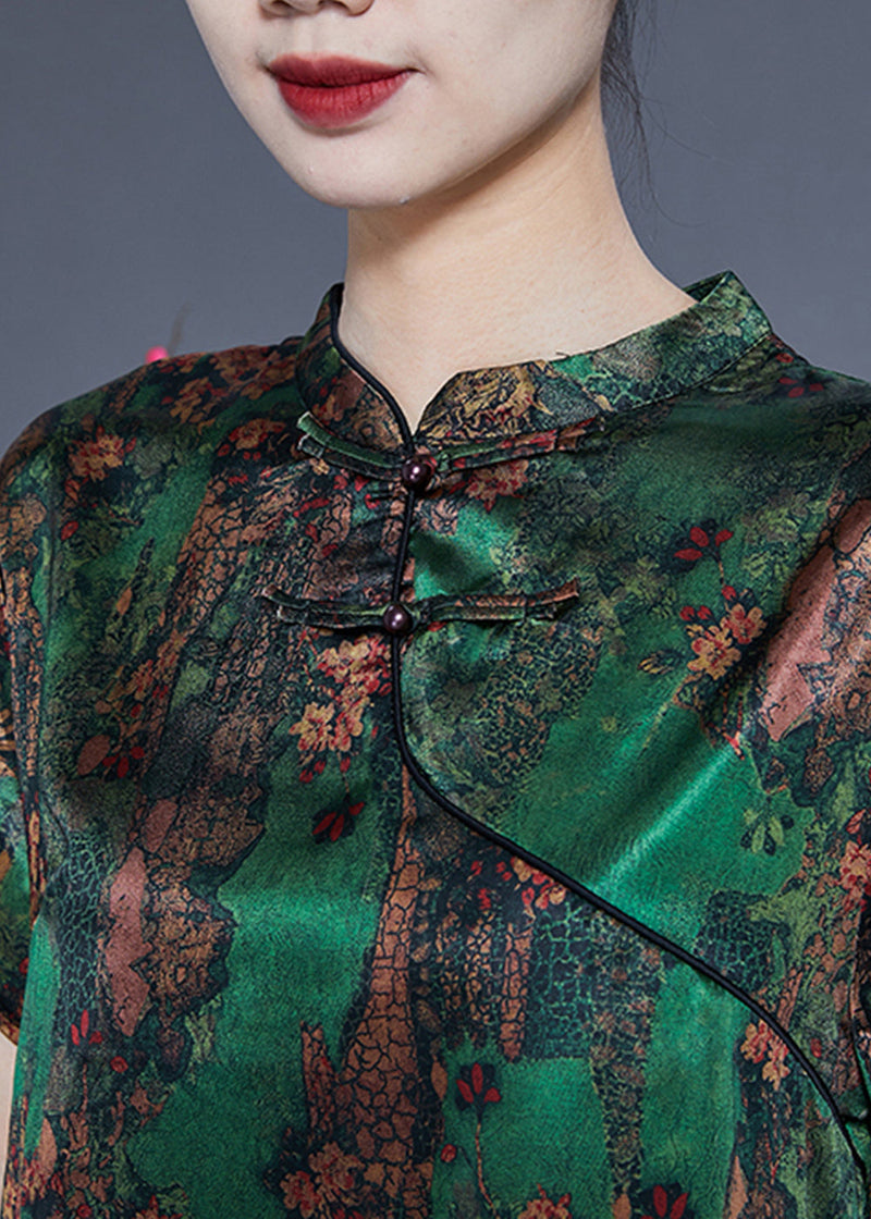 Green Print Asymmetrical Design Silk Oriental Two-piece Set Summer