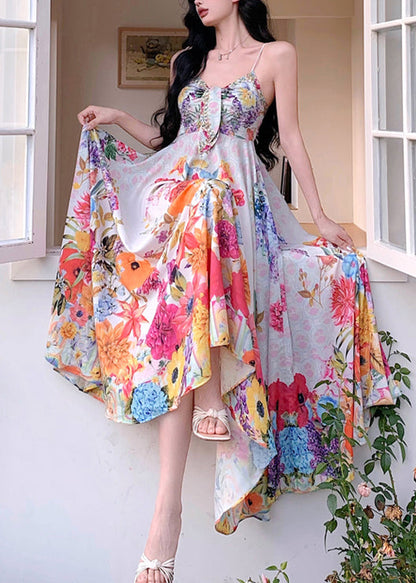 Print High Waist Cotton Spaghetti Strap Dress Sleeveless