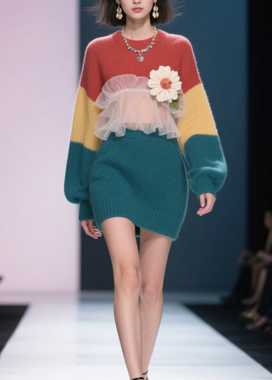New Colorblock Tulle Ruffled Knit Sweater Dress Winter
