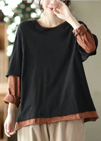 French Black O-neck Patchwork Fake Two Pieces Cotton Sweatshirts Top Long Sleeve