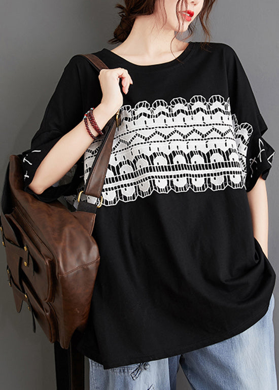 French Black O-neck Hollow Out Lace Patchwork Top Short Sleeve