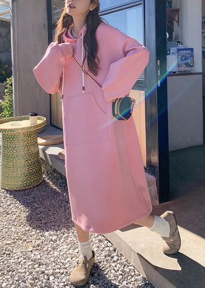 New Pink Hooded Pockets Cotton Dresses Fall