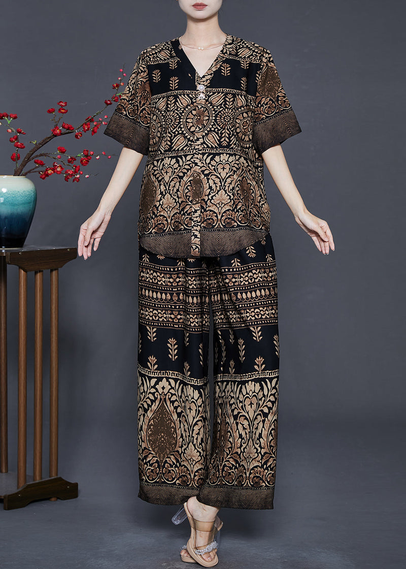 Stylish Brown V Neck Print Silk Two Piece Set Clothing Summer
