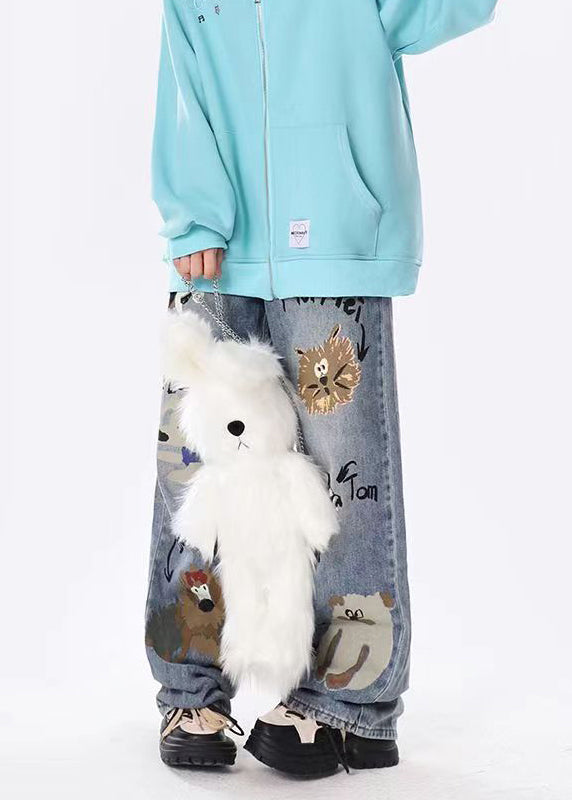 Blue Graffiti Pockets Denim Wide Leg Pants Spring