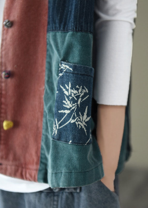 Fitted V Neck Button Patchwork Denim Tanks Sleeveless