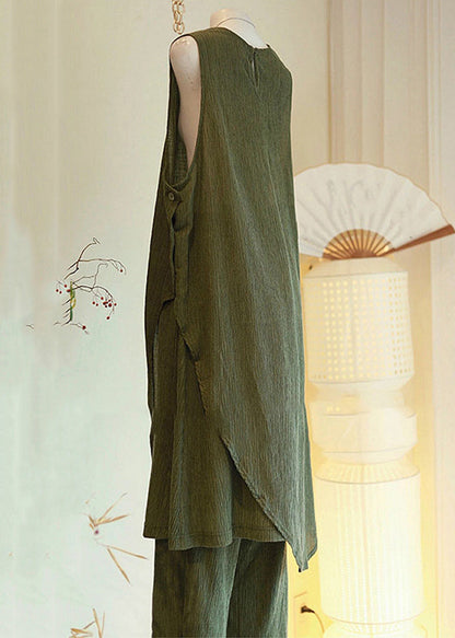 Green Asymmetrical Button Cotton Two Pieces Set Sleeveless