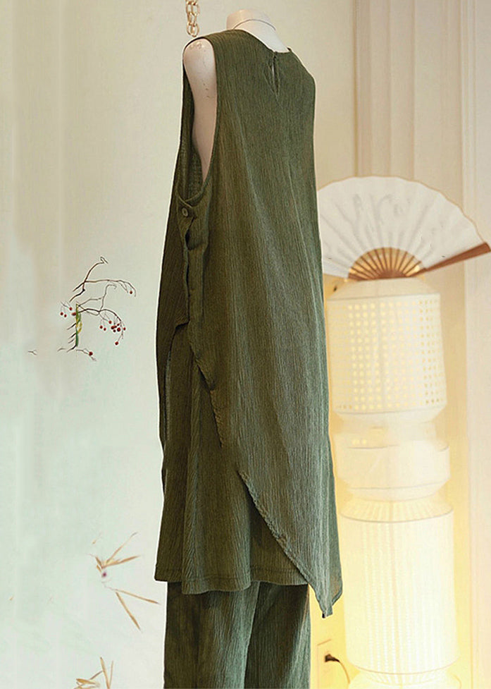 Green Asymmetrical Button Cotton Two Pieces Set Sleeveless
