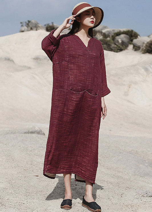 Handmade Red V Neck Side Open Cotton Dresses Spring