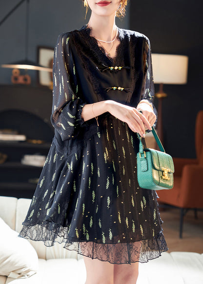 Stylish Black V Neck Lace Print Patchwork Chiffon Dress Spring