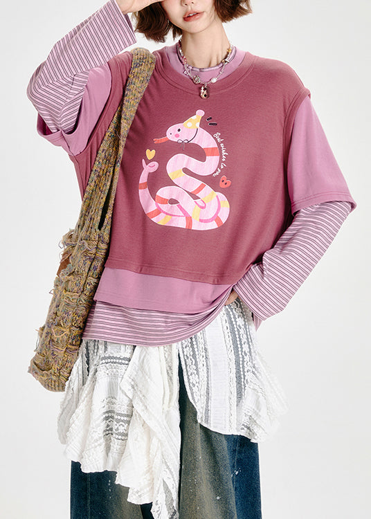 Pink Oversized Patchwork Print Cotton Fake Two Piece Sweatshirts Top Spring