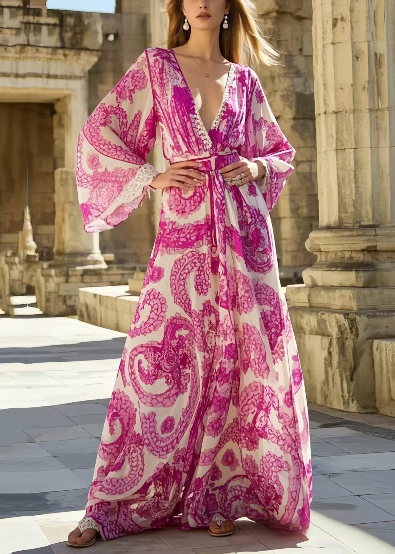Rose Print Exra Large Hem Chiffon Vacation Dresses Spring