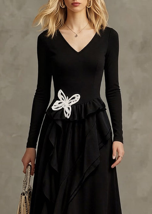 Black Butterfly Ruffled Cotton Long Dresses Asymmetrical Spring