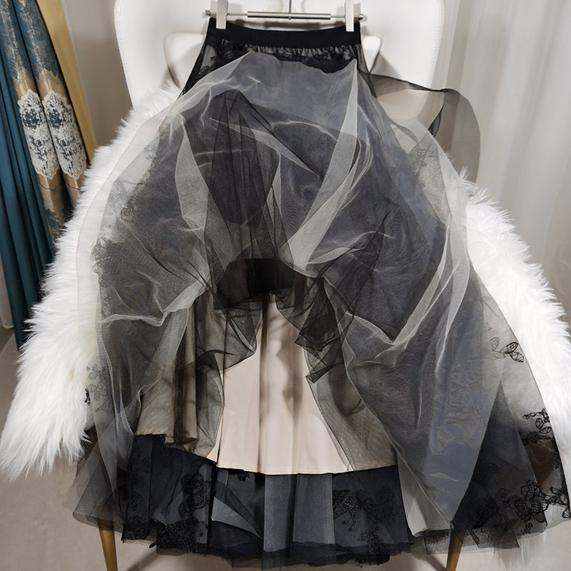 Black Embroideried Butterfly Tulle High Waist Summer Skirts