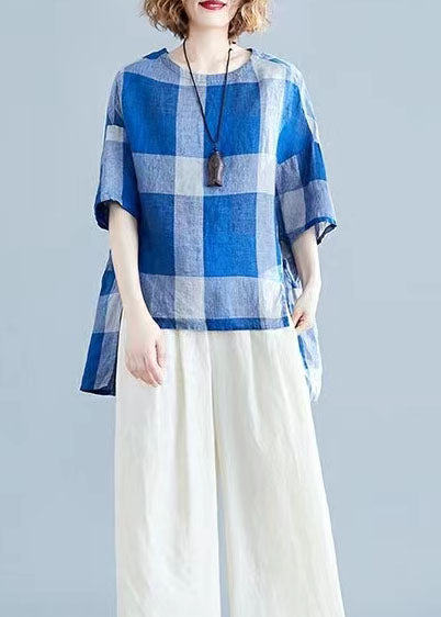 Blue Low High Design O-neck Plaid Linen Top Long Sleeve
