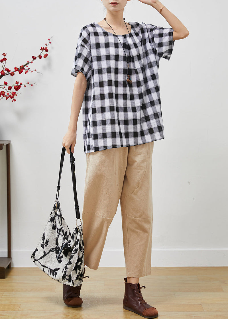 Grey Oversized Plaid Linen Two Piece Set Clothing Summer