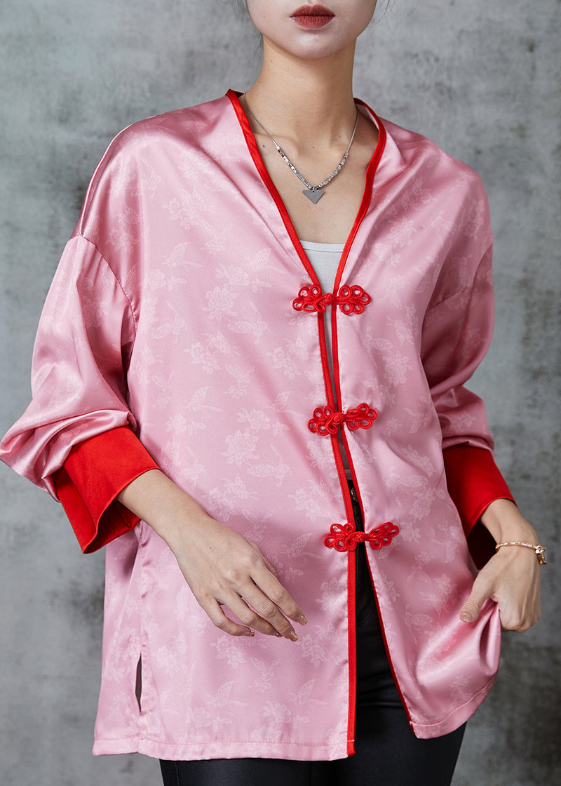 Pink Chinese Button Print Silk Blouse Tops Spring
