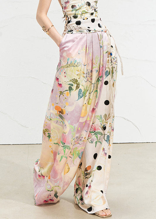 Pink Asymmetrical Print Silk Wide Leg Pants Summer