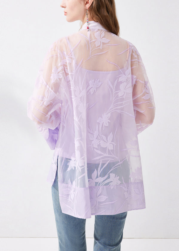 Chinese Style Purple Stand Collar Button Silk Two Pieces Set Long Sleeve