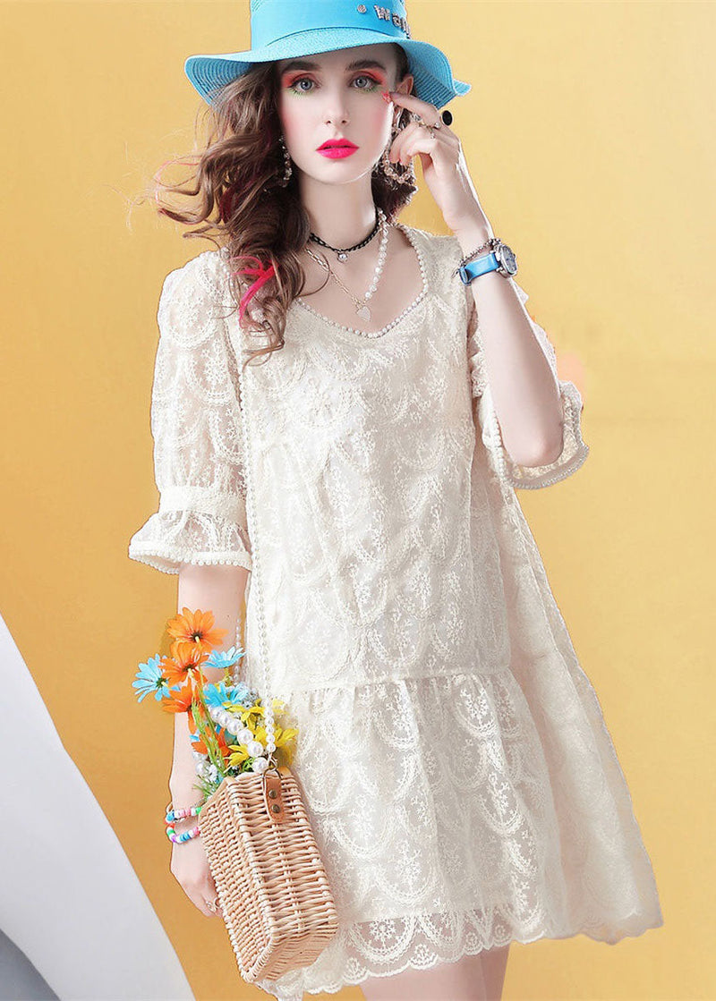 Fitted Beige Square Collar Nail Bead Patchwork Lace Mid Dress Petal Sleeve
